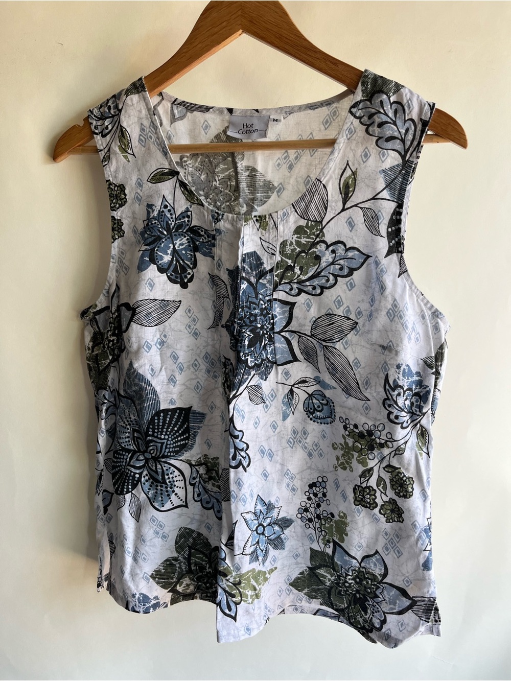 Hot Cotton Linen Tank Sleeveless Blouse Sz Med Women’s Blue White Floral EUC